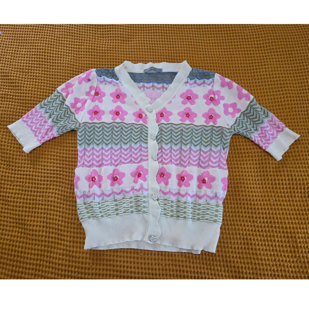 LeNIC & McCoy Floral Beaded Rhinestone Button Grandmacore Cottagecore Cardigan S